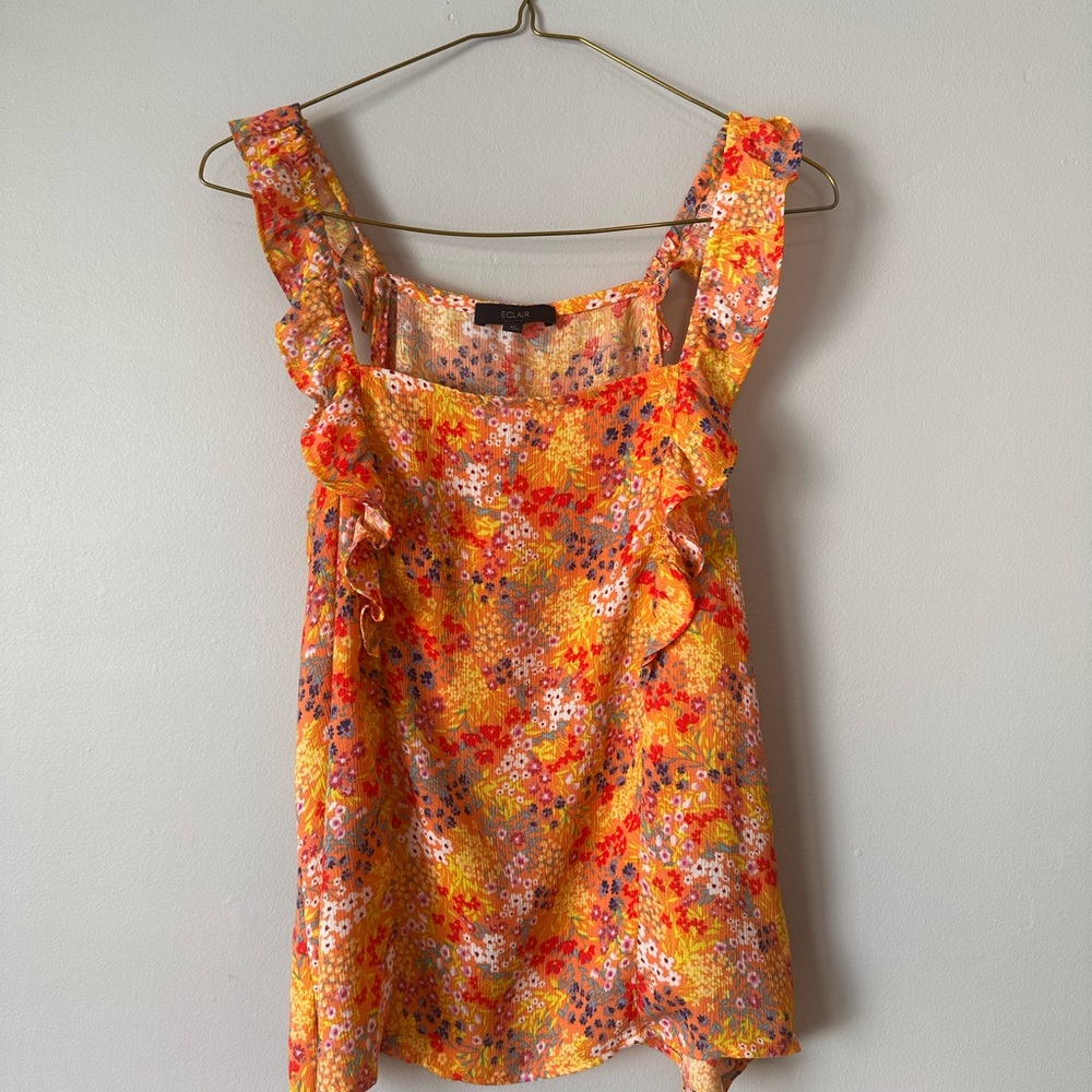 Pink and Orange Ruffled Tie Front Tank Top